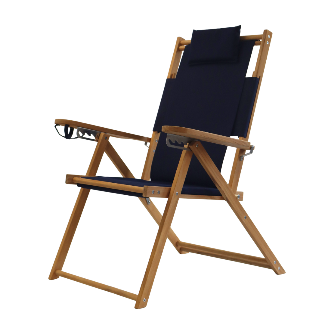 Teak wood folding beach chair with navy blue canvas