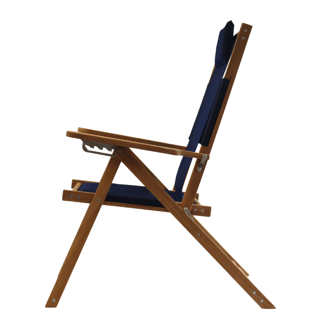Folding chair with wooden frame and blue canvas on a white background
