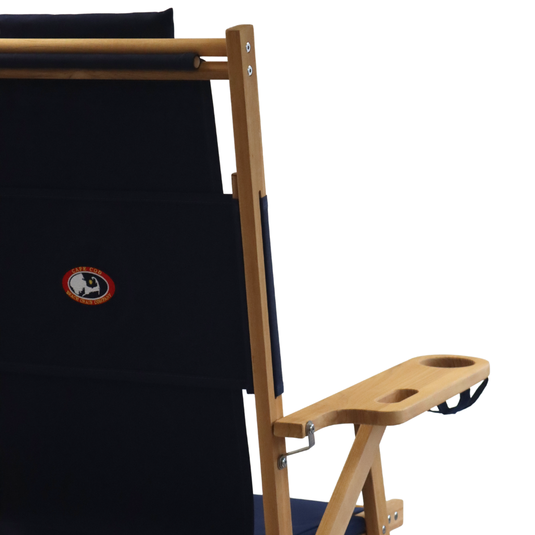 Tall navy blue beach chair with wooden armrests