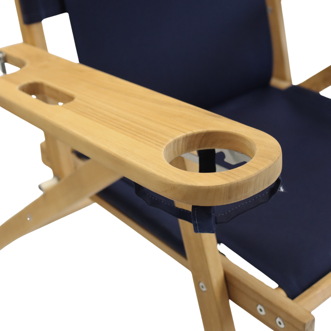 Wooden beach chair with a cup holder and navy canvas