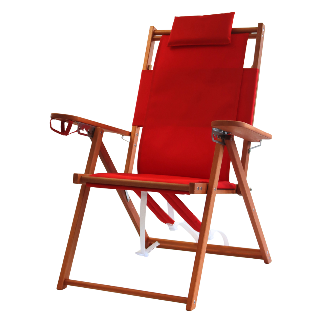Tall red backpack beach chair with wooden frame