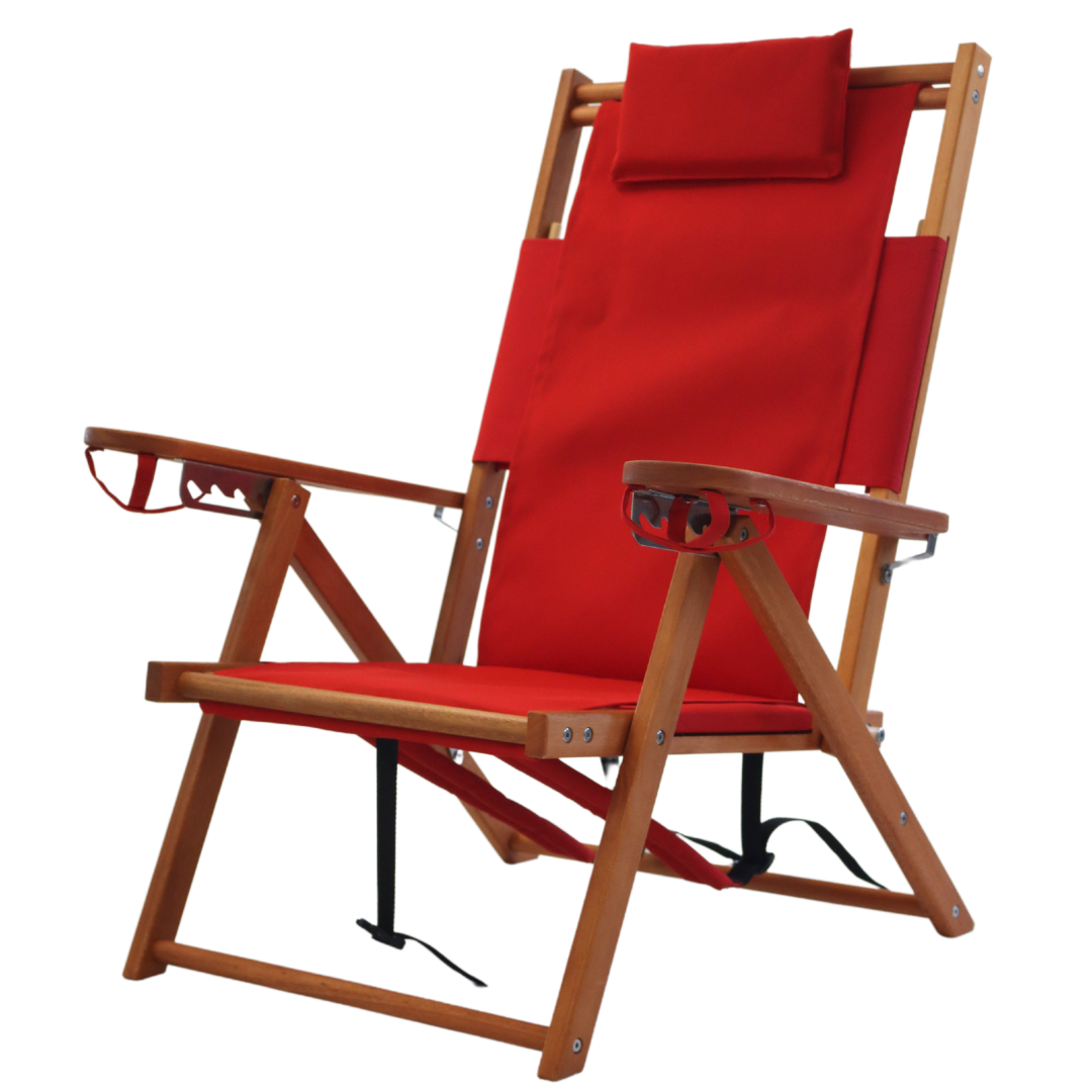Custom Red Wood Backpack Beach Chair with Pillow and Cupholders