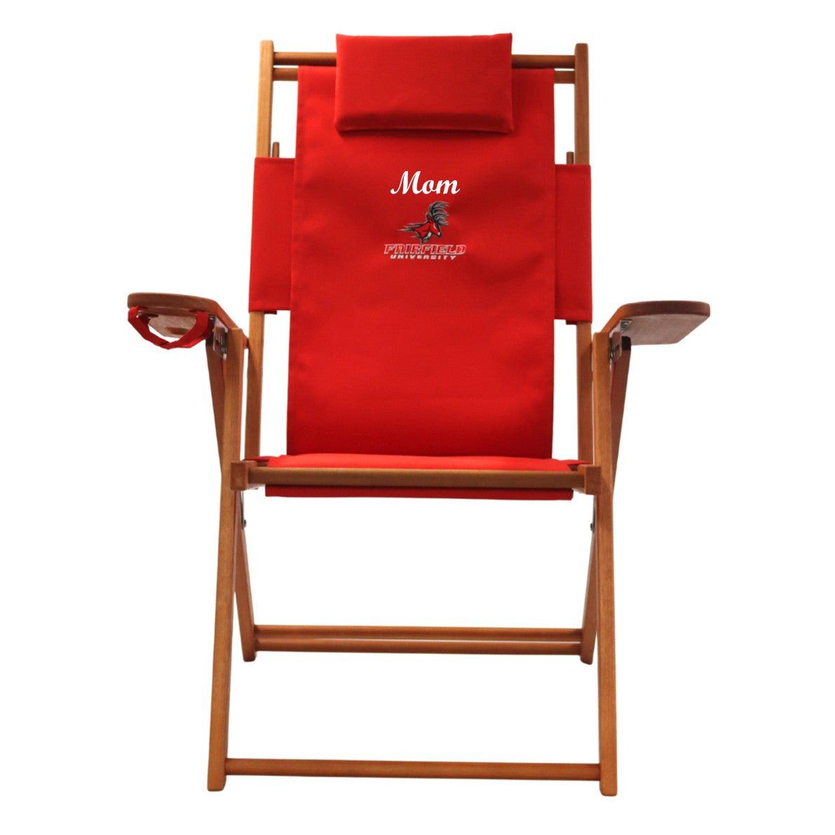 A personalized Fairfield University gift chair with Mom embroidered above the logo.