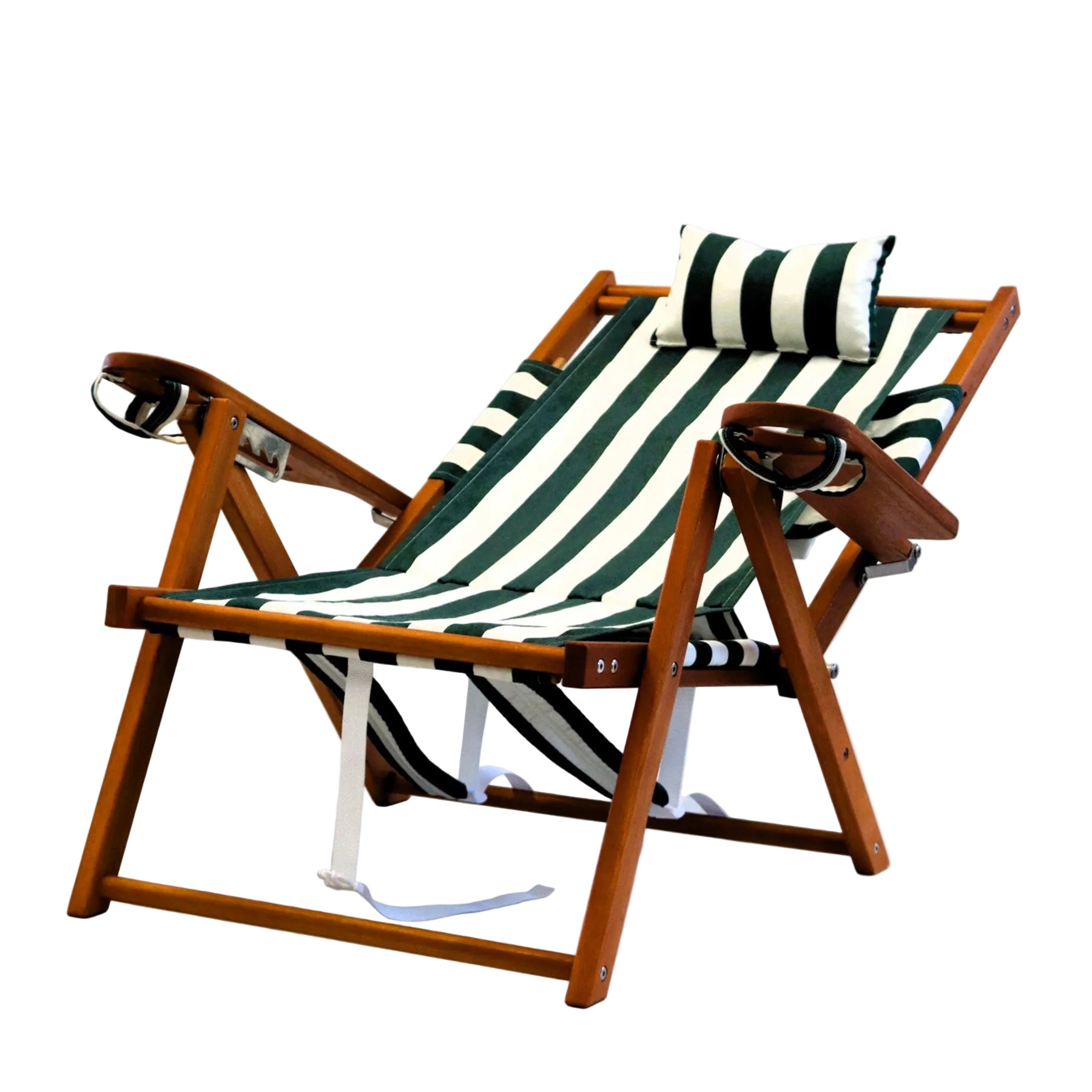 Wooden backpck beach chair with green and white striped cushion on a white background