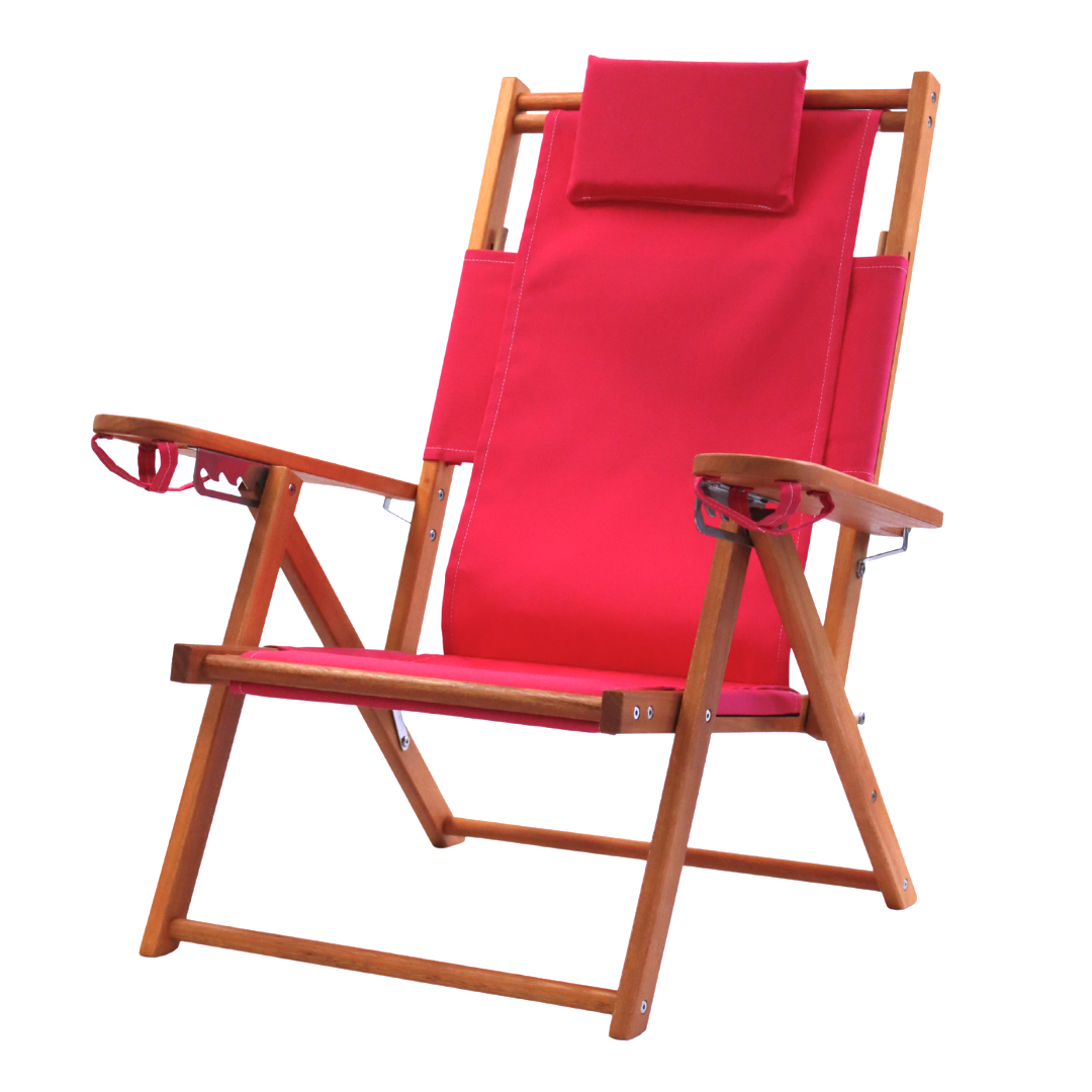 A wood beach chair with bright, hot pink canvas and cup holders.