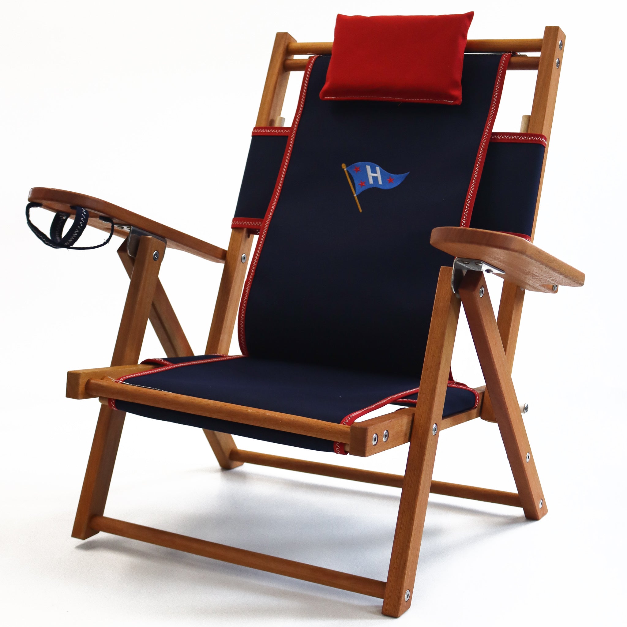 Custom Navy Blue Yacht Club Children's Wood Beach Chair with Red Pillow and Cupholder