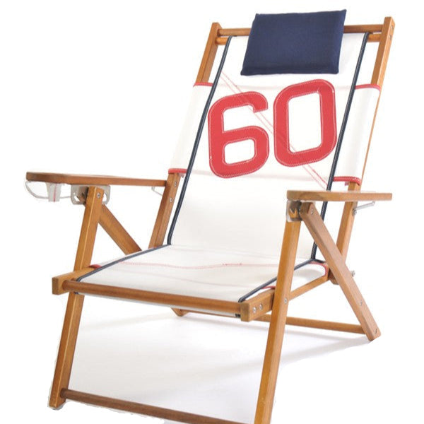Nautical Sailcloth and Wood Beach Chair with Custom Number for Boat Deck