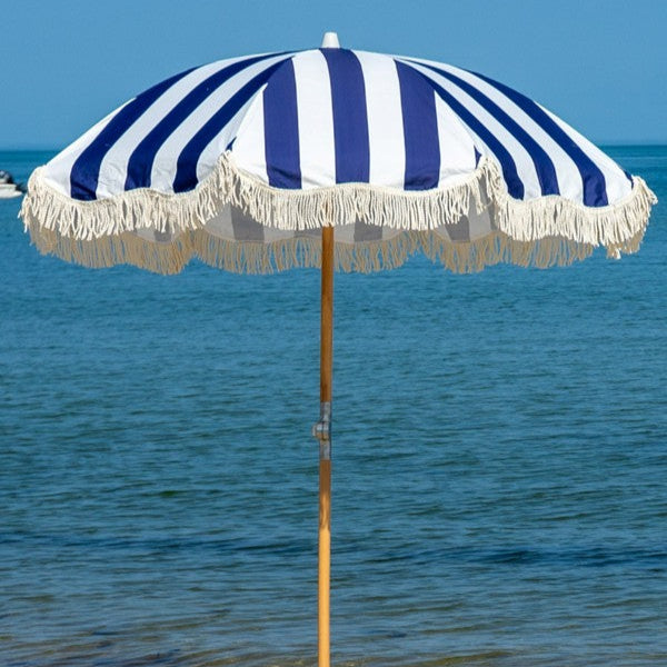 Thick Navy Blue and White Striped Premium Beach Umbrella with Tassels
