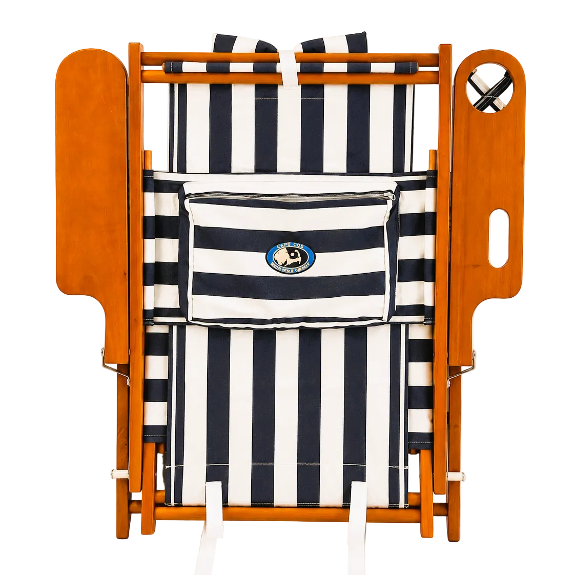 Backpack beach chair with cup holder and storage pouch, navy blue and white striped canvas.