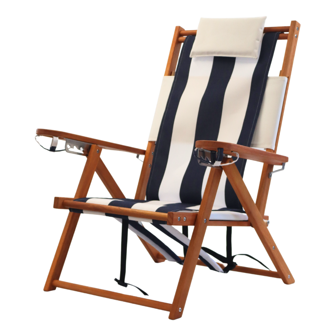 Customizable Navy Blue and White Stripe Wood Backpack Beach Chair with Pillow and Two Cupholders