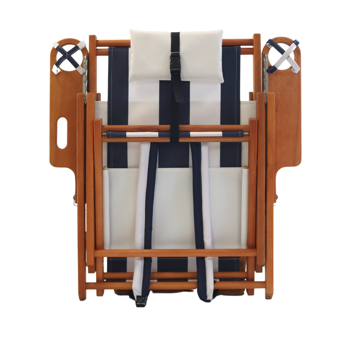 Navy Blue and White Wooden Beach Chair Folded