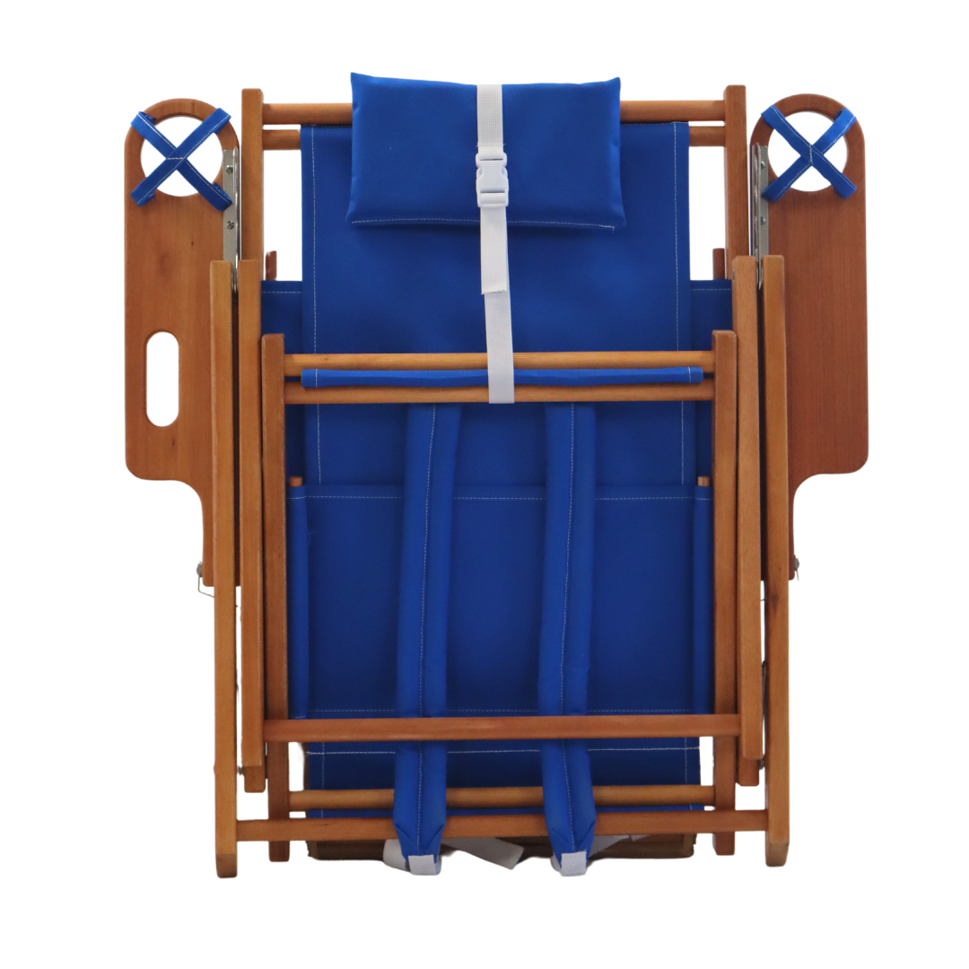 Royal Blue Wood Beach Chair Folded with Two Cupholders