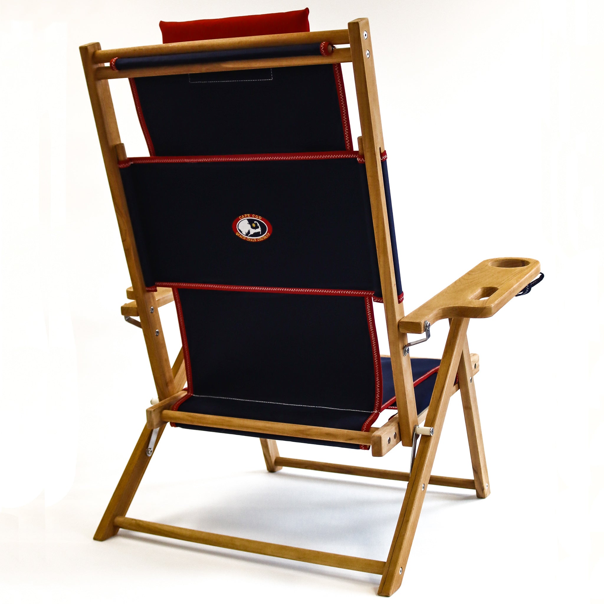 Custom Yacht Club Wood Beach Chair with Navy Blue Canvas Seat Red Detailing and Cupholder
