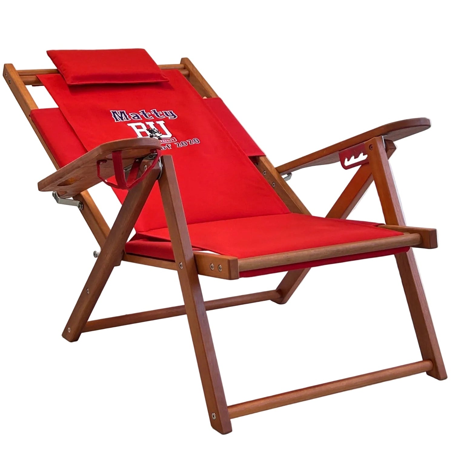 A reclining Boston University alumni chair personalized with name and graduation year.