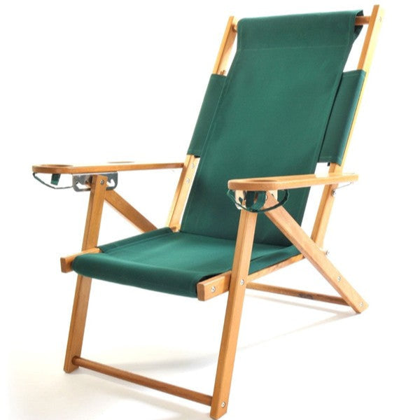 green wooden beach chair with two cupholders
