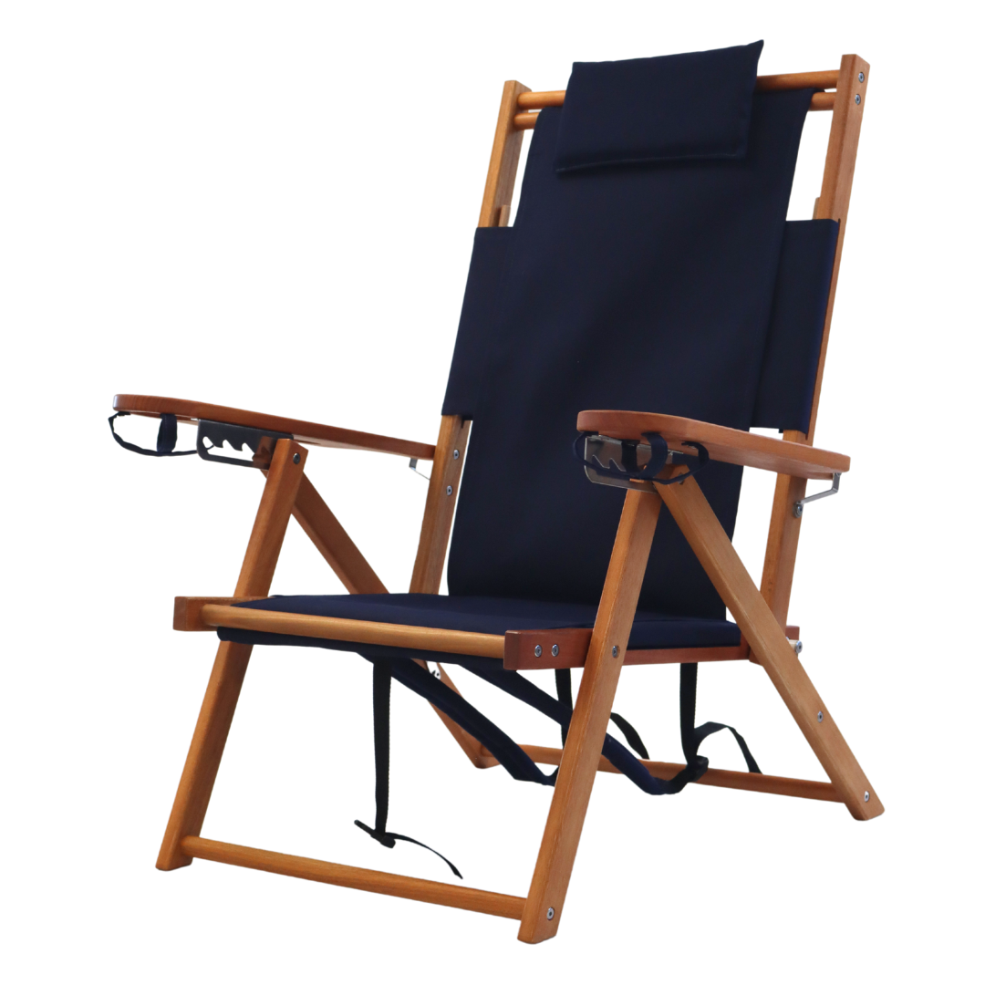 Navy Blue Wood Beach Chair with Two Cupholders