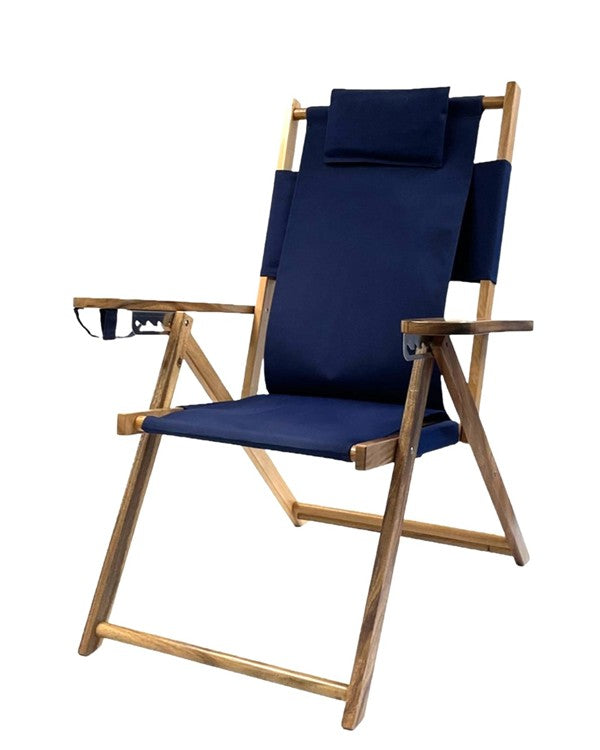 tall navy blue wooden backpack beach chair
