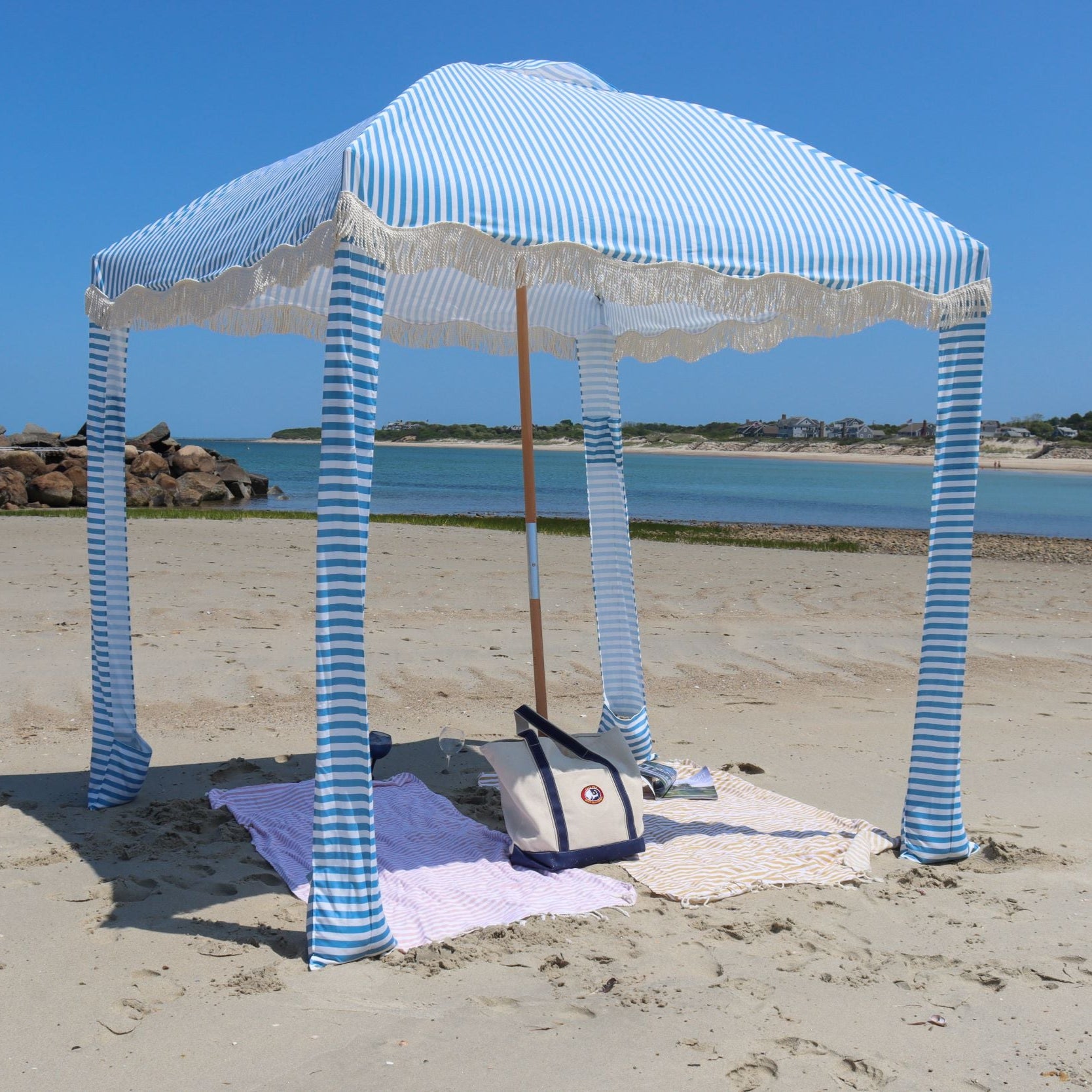 blue and white stripe beach cabana