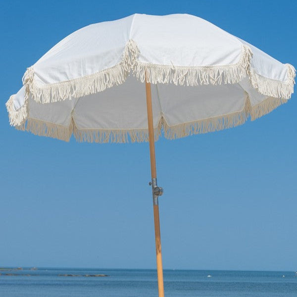 Premium White Beach Umbrella with Tassels and Collapsable Pole