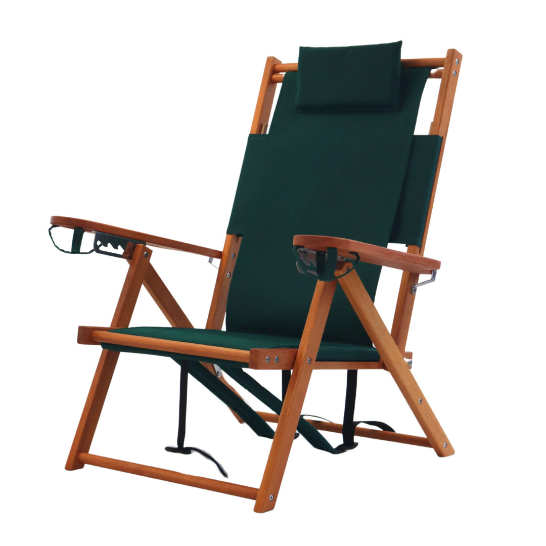 Pine Green Wooden Backpack Beach Chair with Pillow and Cupholder
