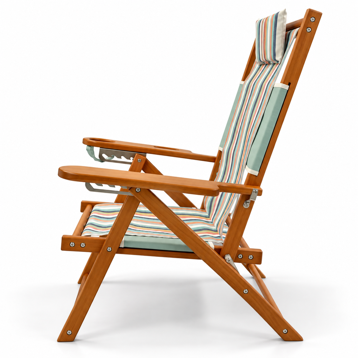 A wooden folding deck chair with striped fabric seat and back cushions, shown on a clean white background.
