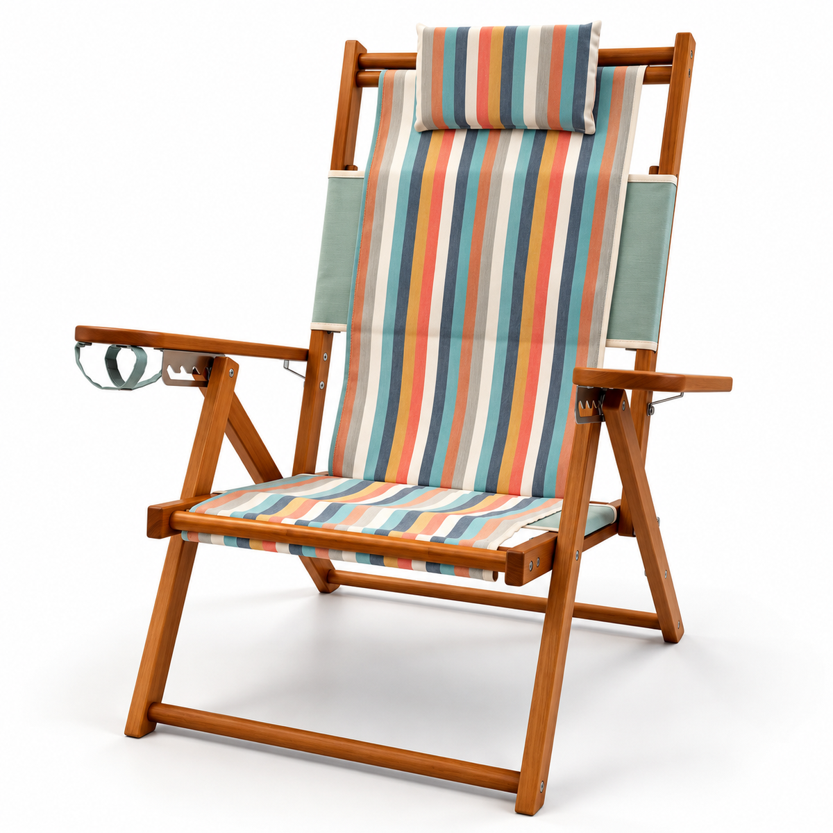 A wooden folding beach chair with a colorful striped fabric seat, backrest, and headrest pillow, featuring a side cup holder, photographed on a clean white background.