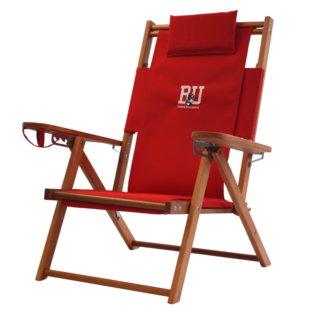 Red folding wooden chair with BU logo on the front