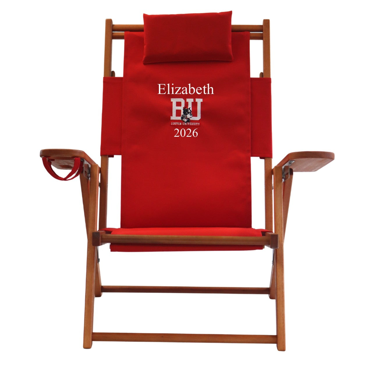 Red Boston University chair customized with name and year as BU graduation gift