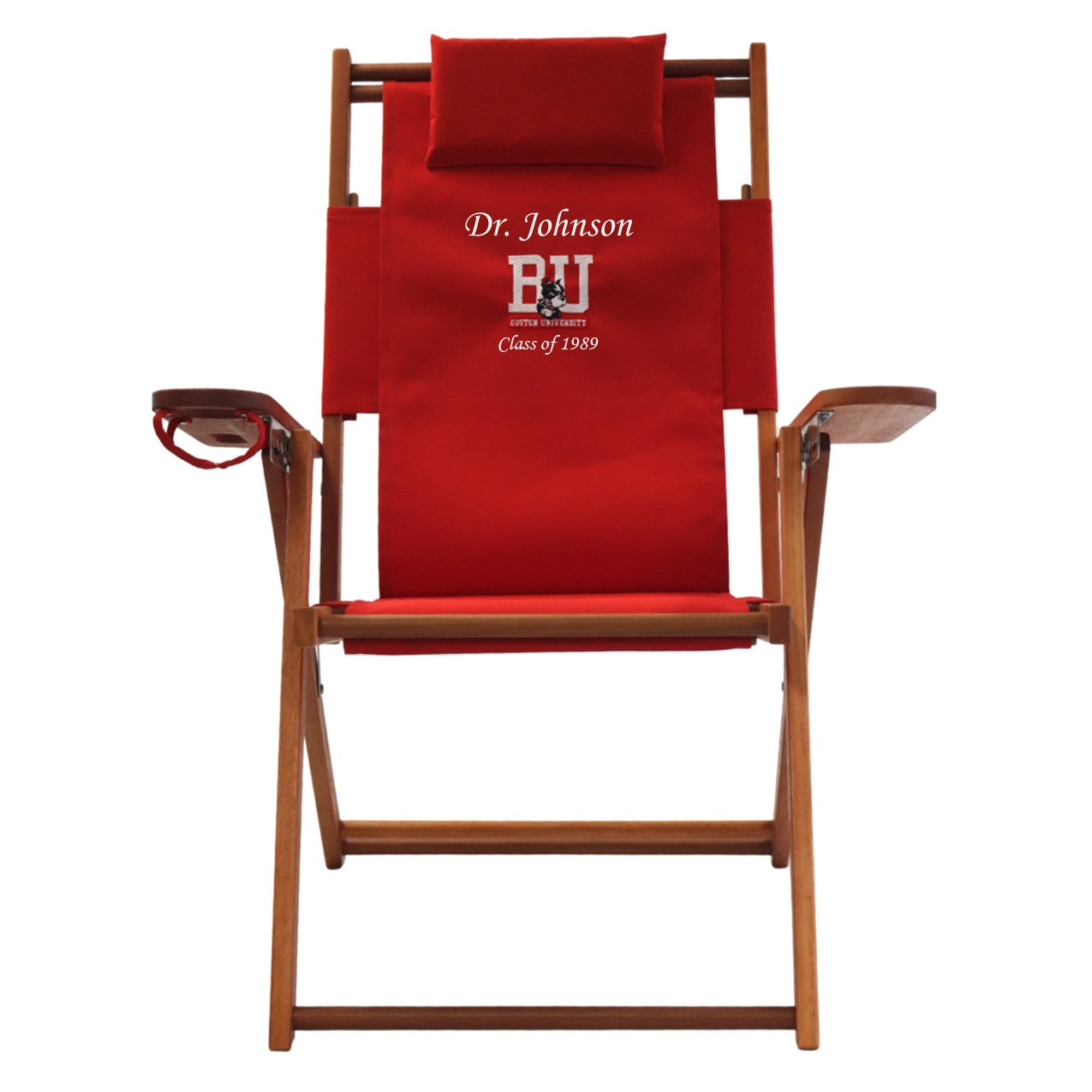 Boston University folding wood and canvas chair personalized with name and date