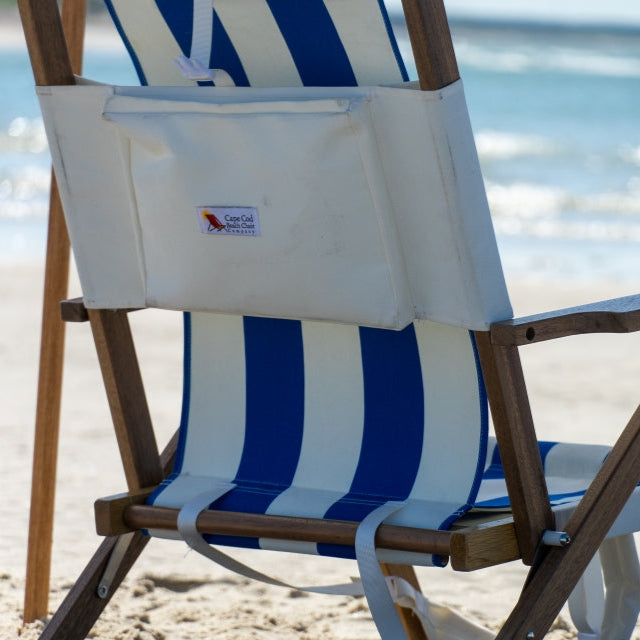 Blue and white striped wood beach chair with storage pouch