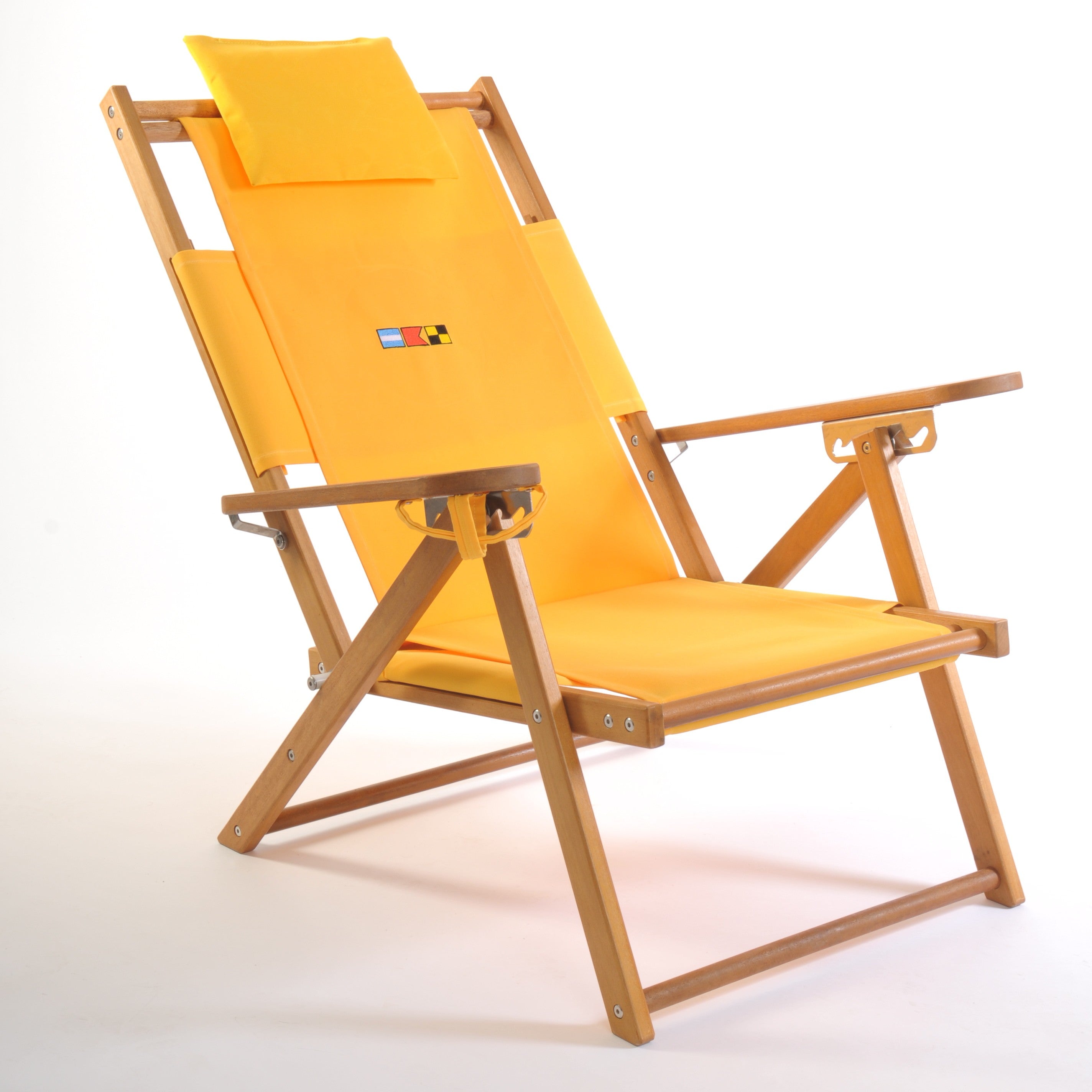 Yellow folding beach chair with wooden frame with personalized embroidery