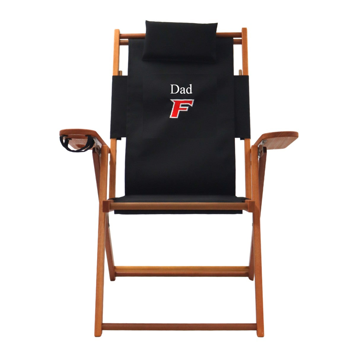 A black Fairfield University tall alumni chair personalized with custom embroidery.