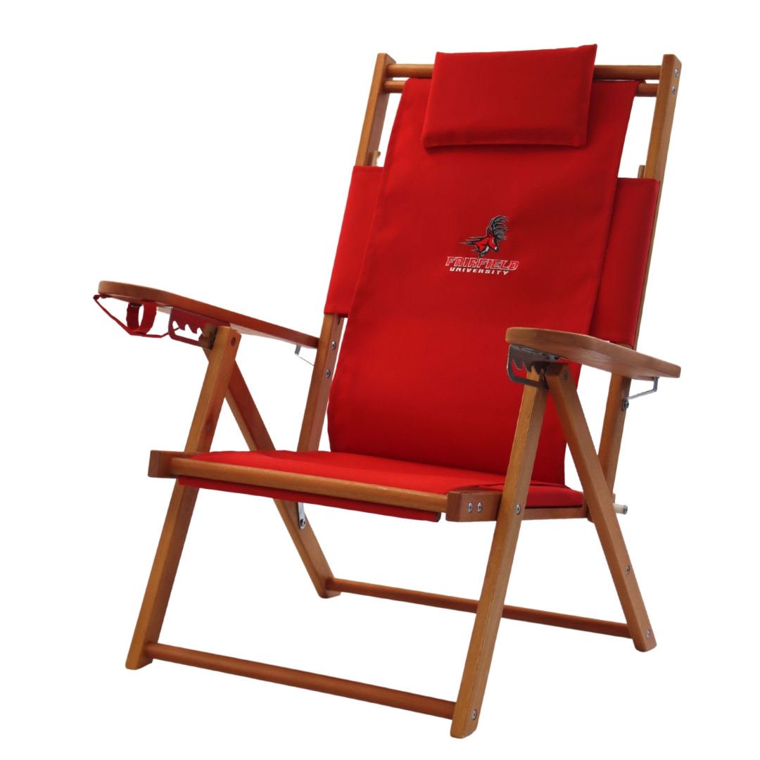 Red Fairfield University logo beach chair with wooden frame