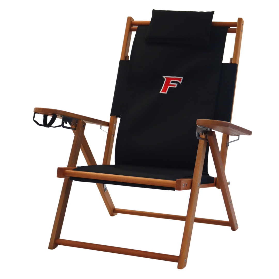 Fairfield University logo alumni chair wood frame with black canvas seat.