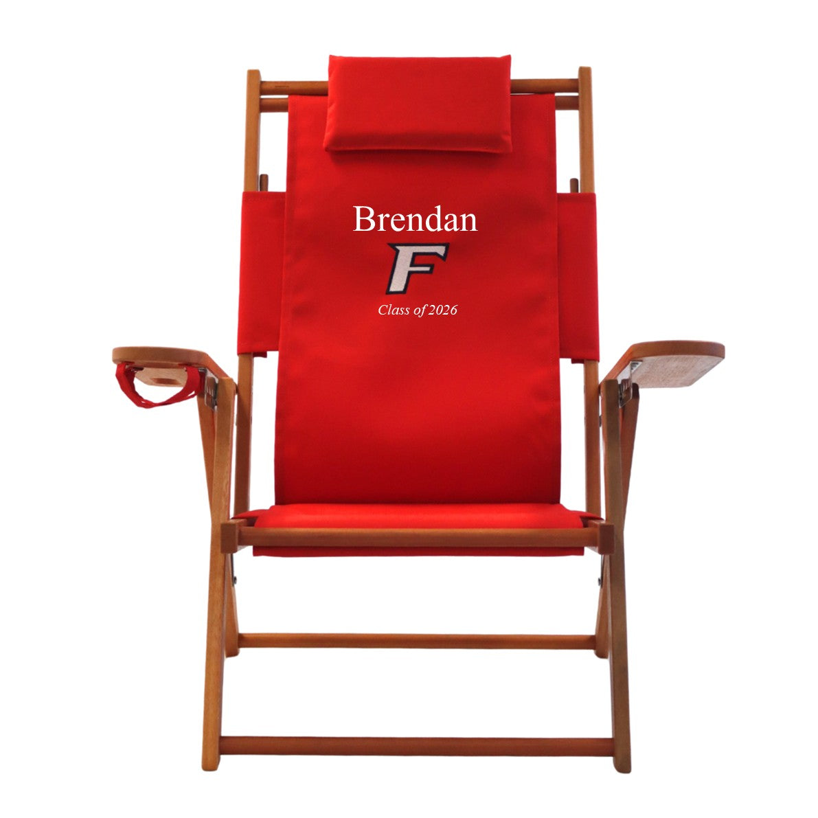 The best Fairfield University personalized graduation gift, a wood frame beach chair in red.