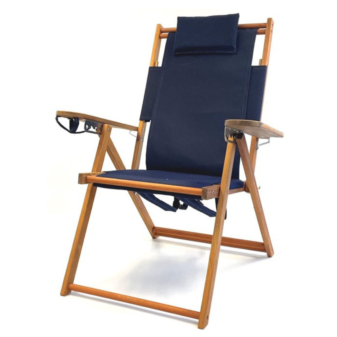 Tall Navy Folding Wooden Backpack Beach Chair with Cupholder