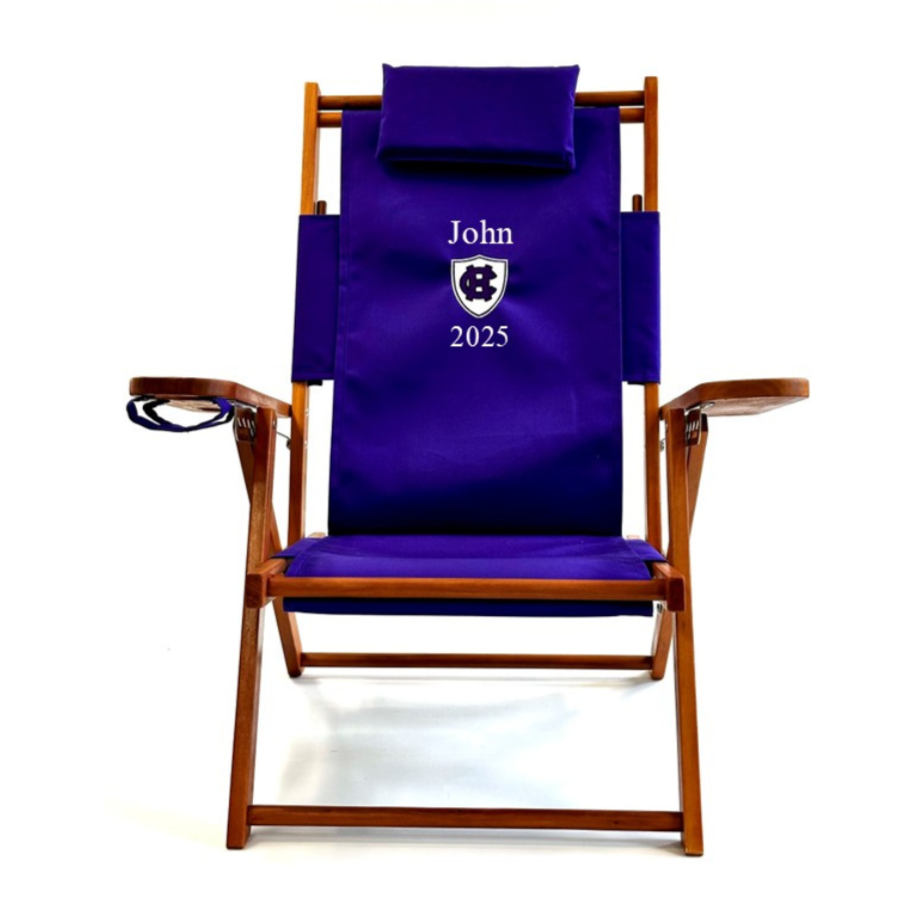 Personalized College Wood Beach Chair Custom Embroidered with Holy Cross Logo and Name and Graduation Year
