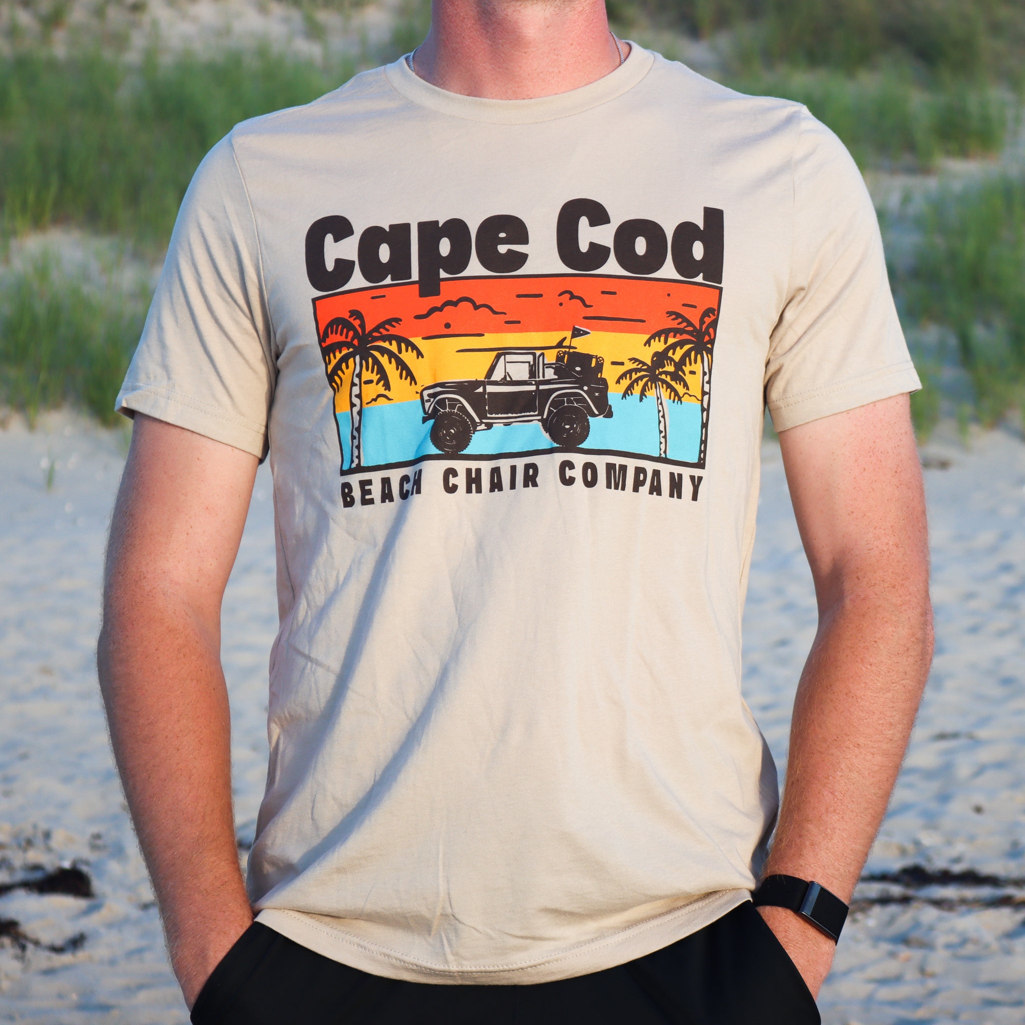 Cape Cod summer t shirt with jeep and colorful sunset
