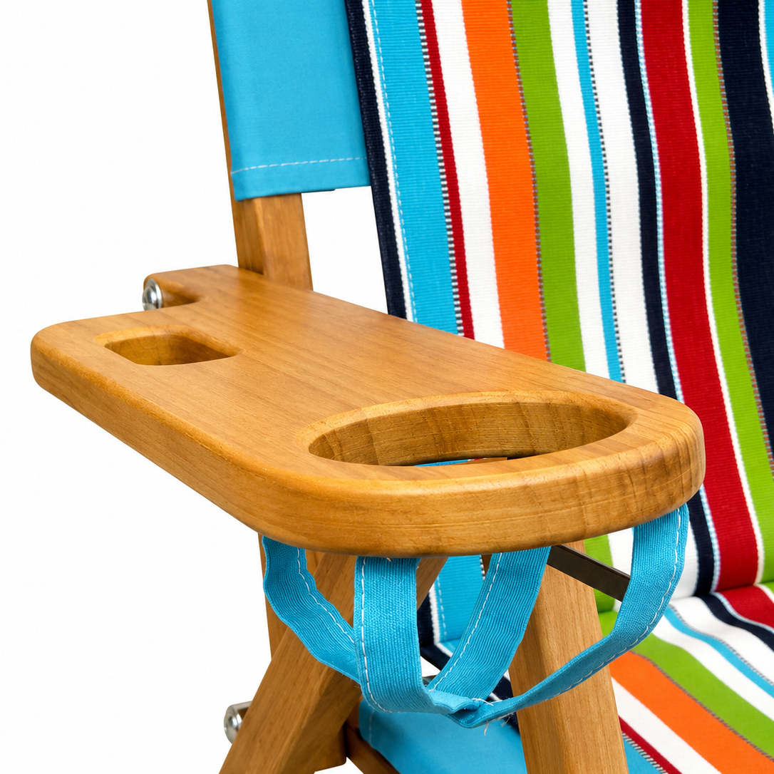 Colorful striped wooden beach chair with cup holder on a white background