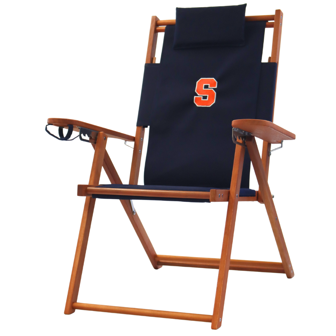 Navy folding tailgate chair with orange Syracuse logo 