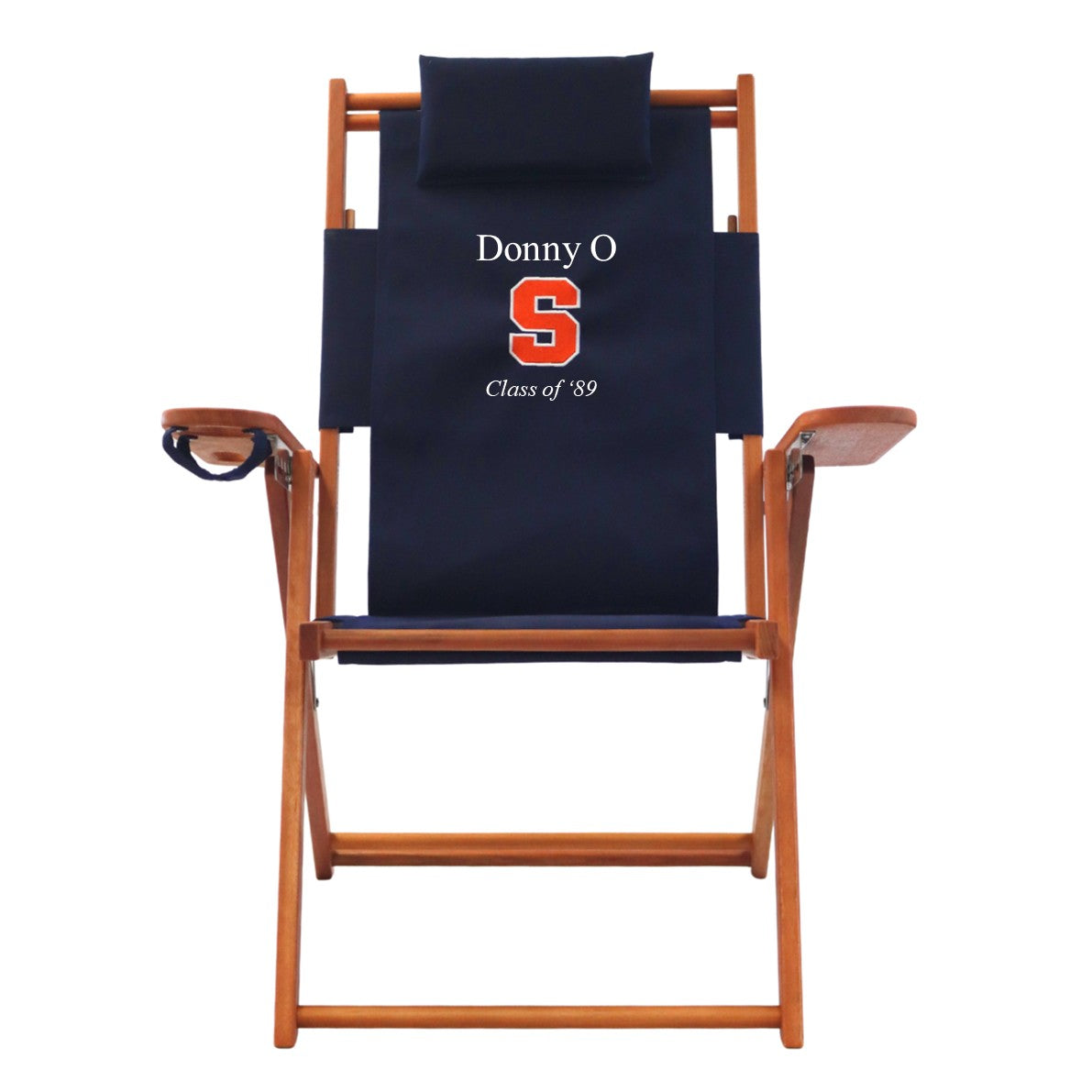 Navy folding Syracuse University tailgate chair with wooden frame and personalized text as alumni graduation gift.