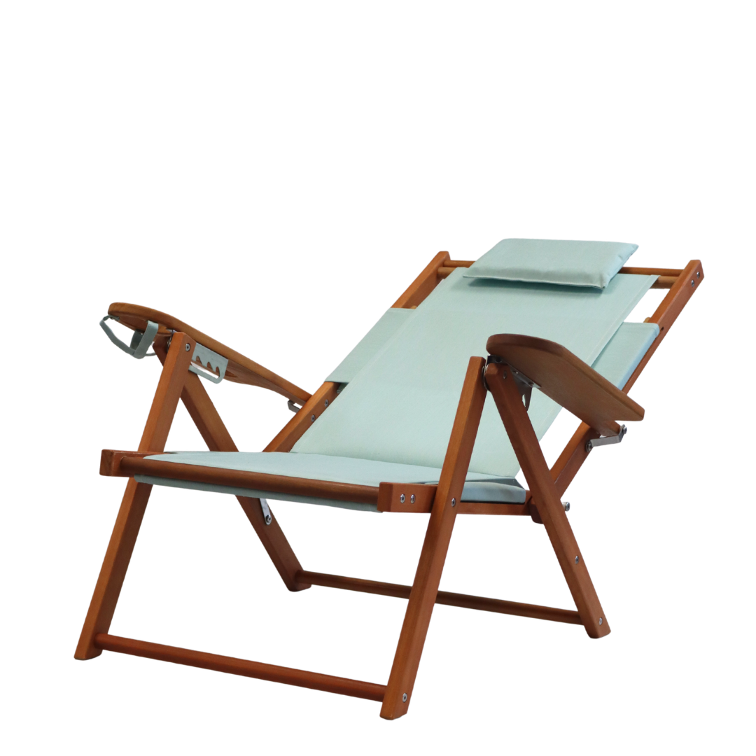 Wooden beach chair with seafoam fabric reclining