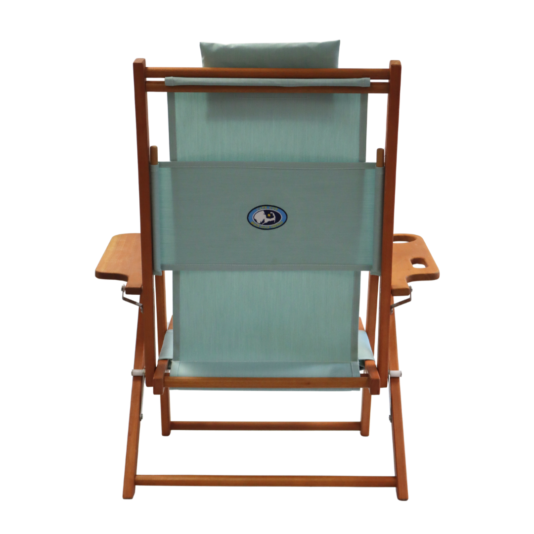 Wooden beach chair with seafoam fabric and a logo 