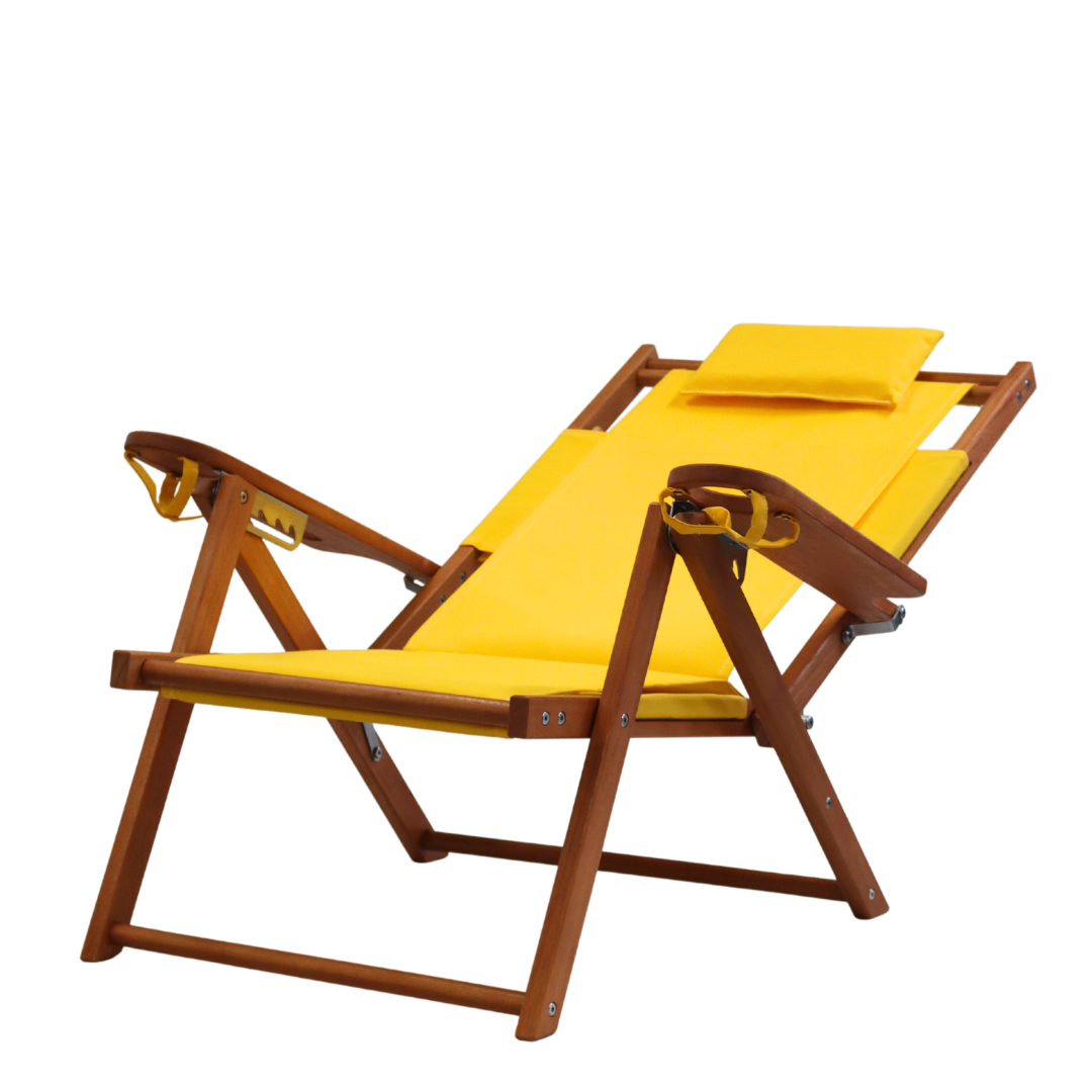 Yellow reclining lounge chair with wooden frame on a white background