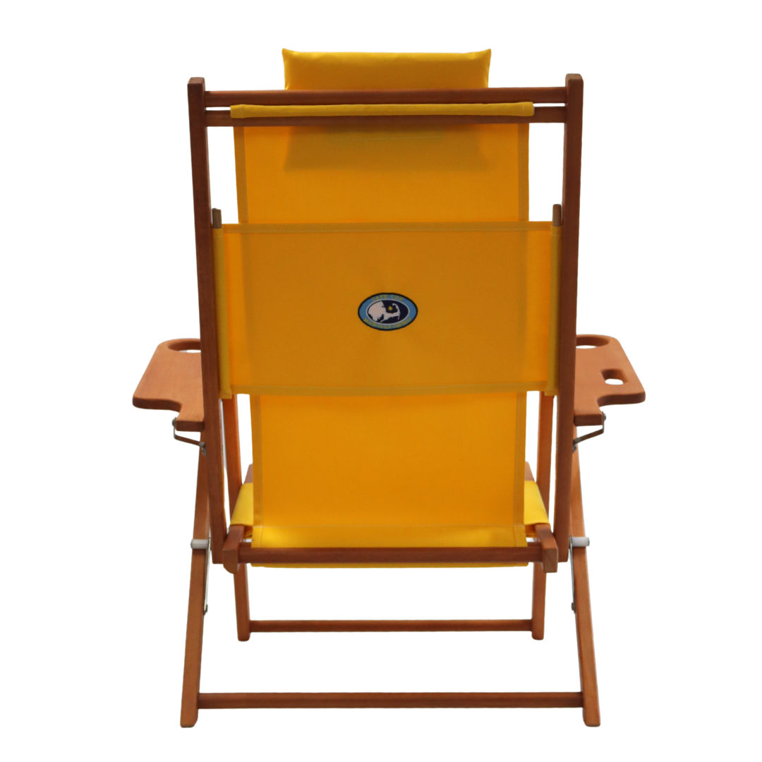 Yellow Cape Cod beach chair with wooden frame on a white background