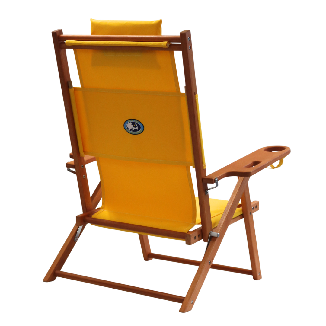 Yellow folding beach chair with wooden frame and cupholder