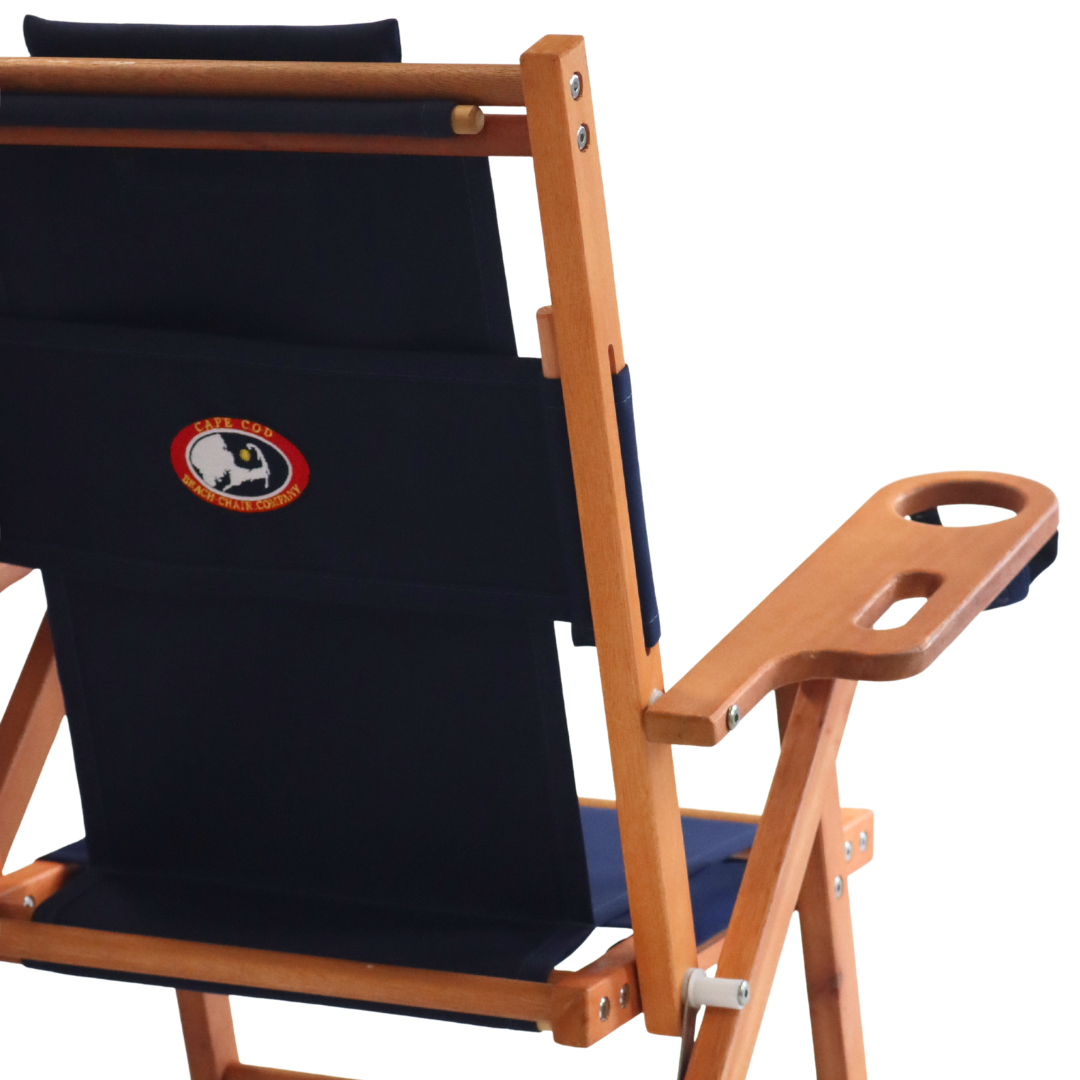 Navy blue children's beach chair with cupholder