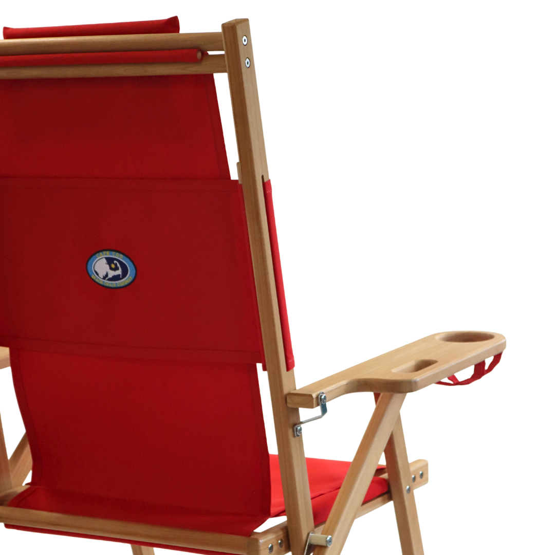 Red folding chair with wooden frame with built-in cupholder