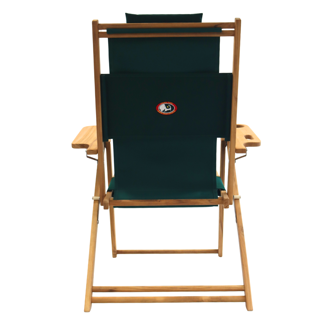 Tall wooden deck chair with green fabric and a logo on a white background