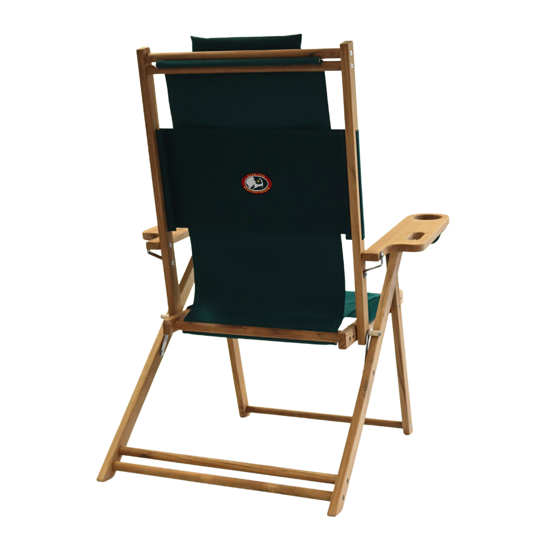 Tall wooden deck chair with green fabric and a logo on a white background